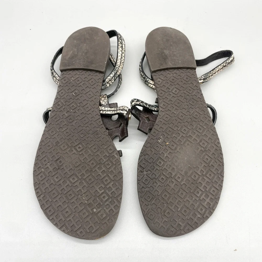 Tory Burch Womens 8M Miller Thong Sandals Brown Snakeskin Leather Flat Preppy